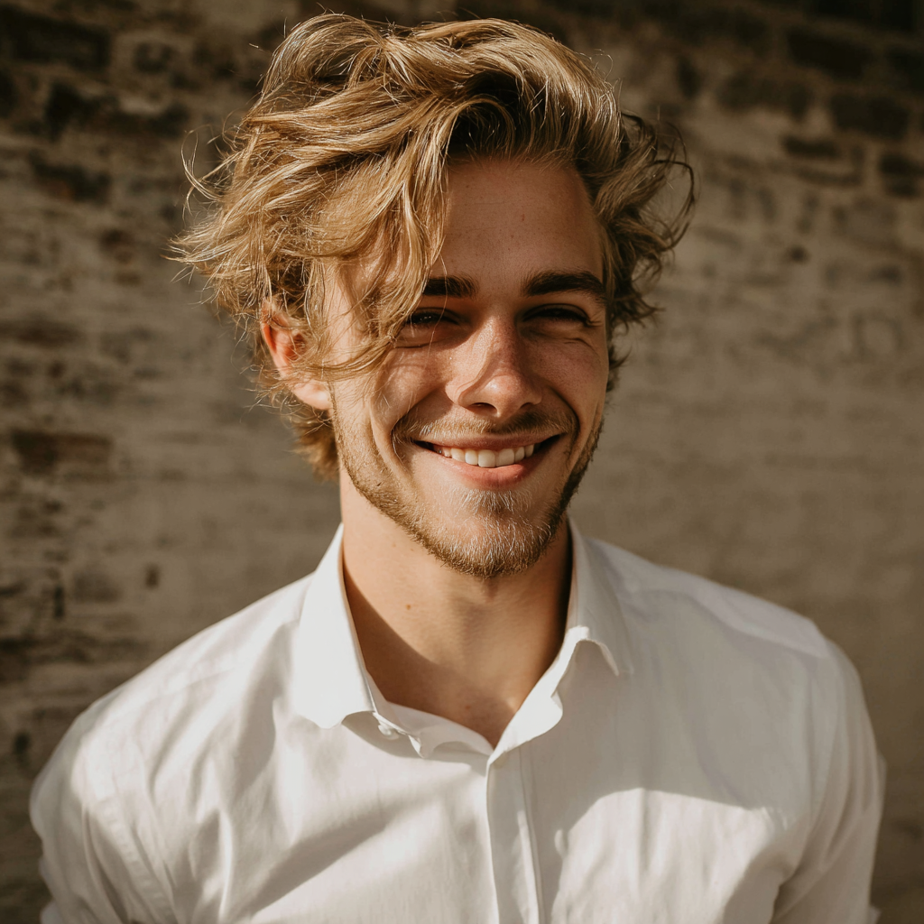 Un joven sonriente con una camisa blanca de etiqueta | Fuente: Midjourney
