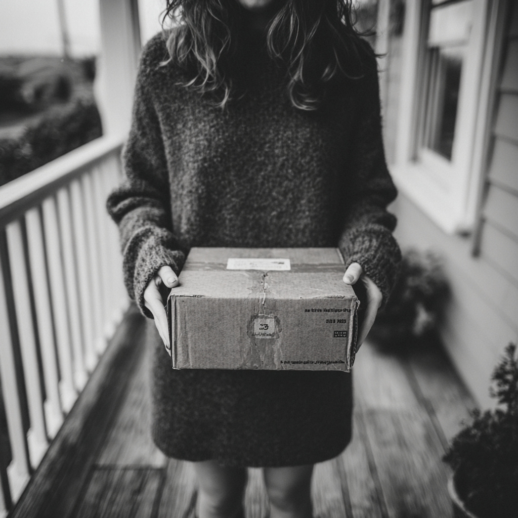 Una mujer sujetando una caja de cartón | Fuente: Midjourney
