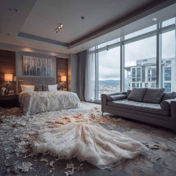 Un vestido de novia destrozado en la suite de un hotel | Fuente: Midjourney