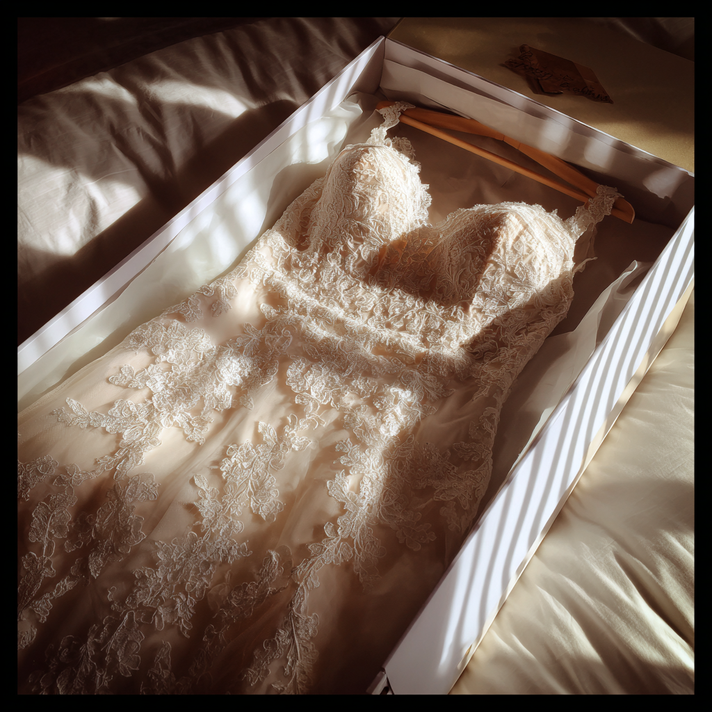 Un vestido de novia en una caja | Fuente: Midjourney