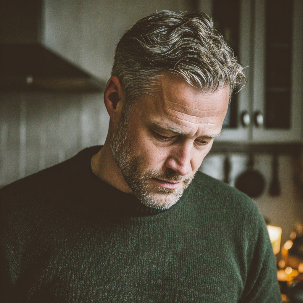 Un hombre emotivo con un suéter verde | Fuente: Midjourney