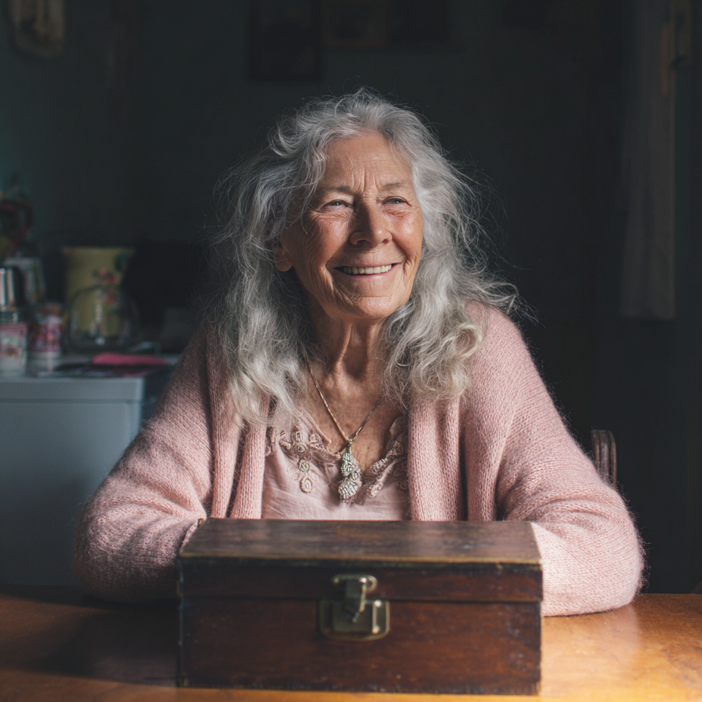 Una anciana sonriente sentada a una mesa | Fuente: Midjourney