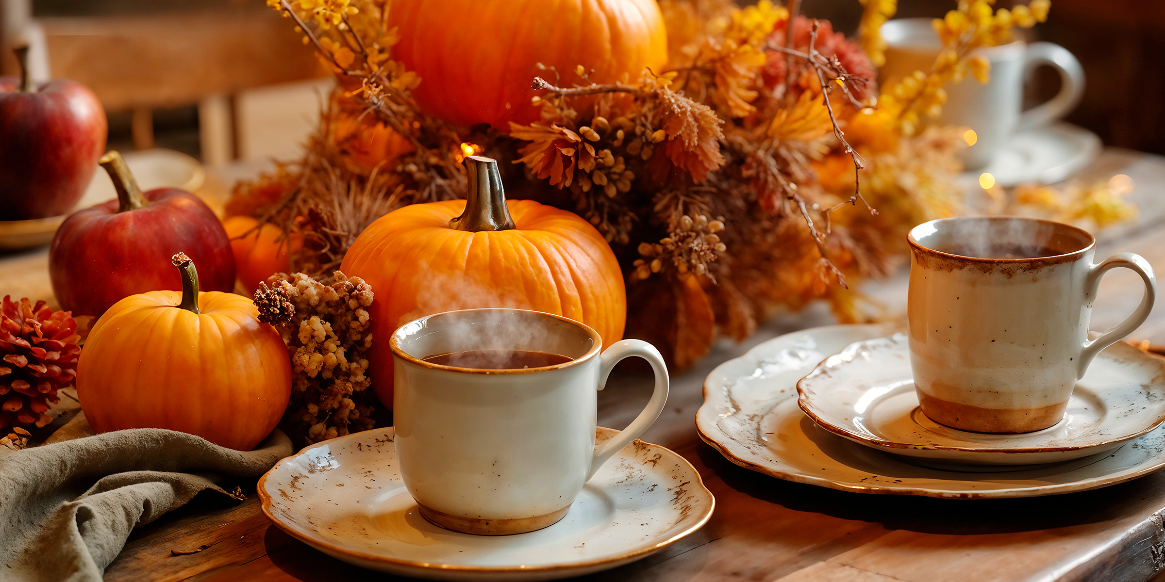 Una mesa festiva con calabazas y tazas de cerámica | Fuente: Freepik
