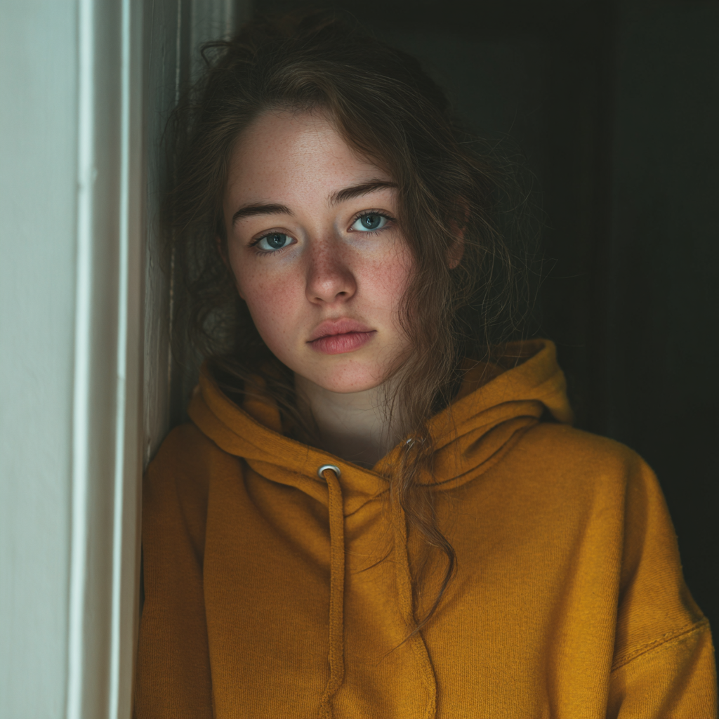 Una adolescente apoyada en una pared | Fuente: Midjourney
