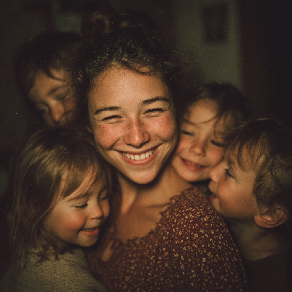 Una mujer feliz abrazando a sus hijos | Fuente: Midjourney