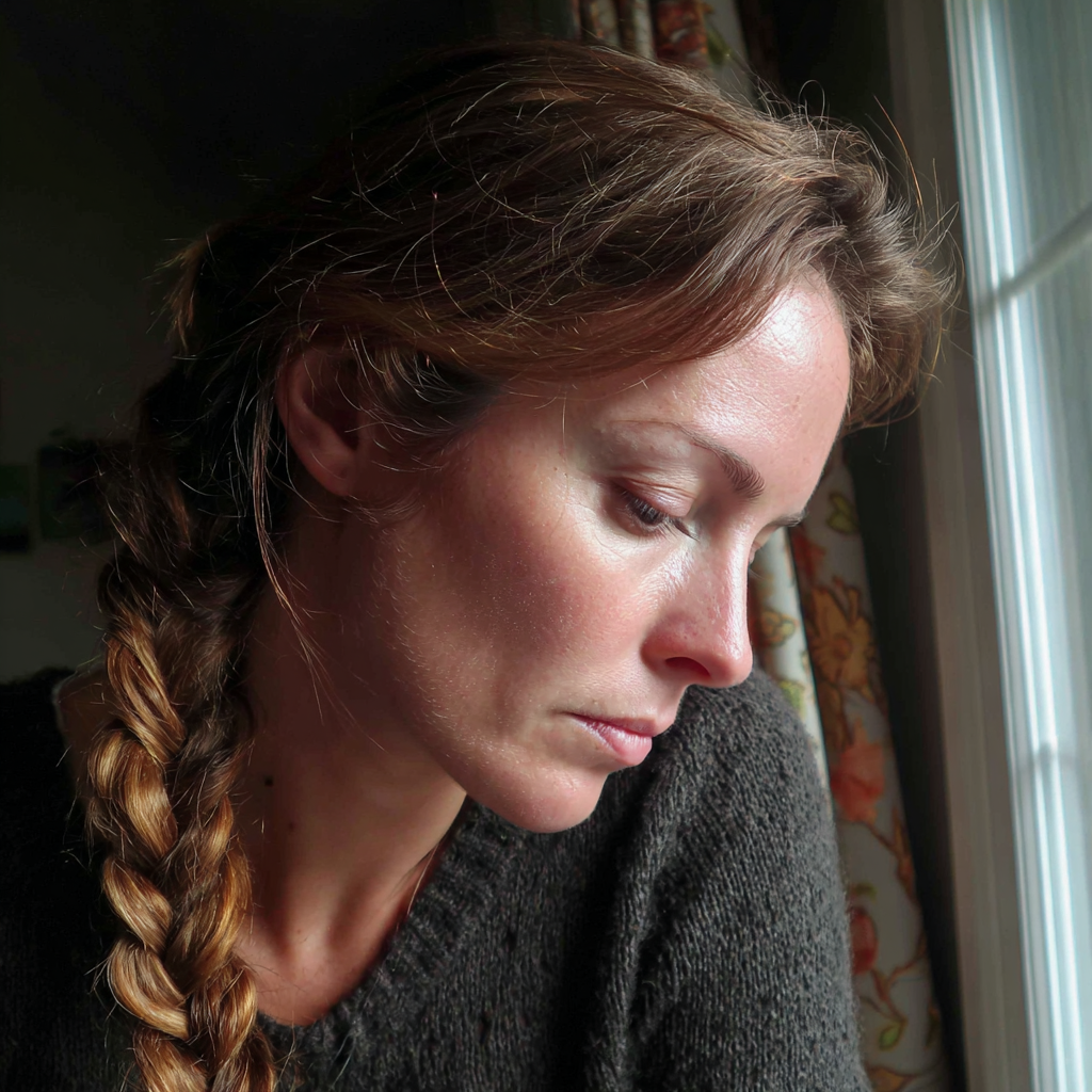 Una mujer alterada sentada junto a una ventana | Fuente: Midjourney