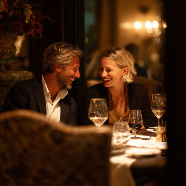 Una pareja riendo durante la cena | Fuente: Midjourney
