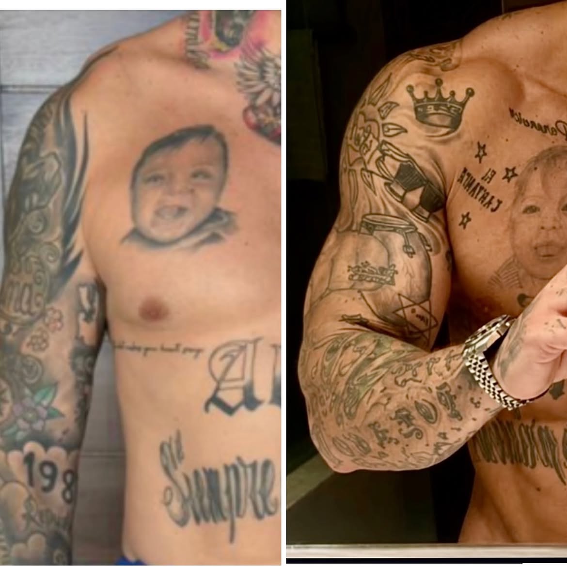 Fotos comparativas del antes y el después de El Polaco, publicadas por su entrenadora, Soledad Cristiano | Fuente: Instagram/soledadcristiano