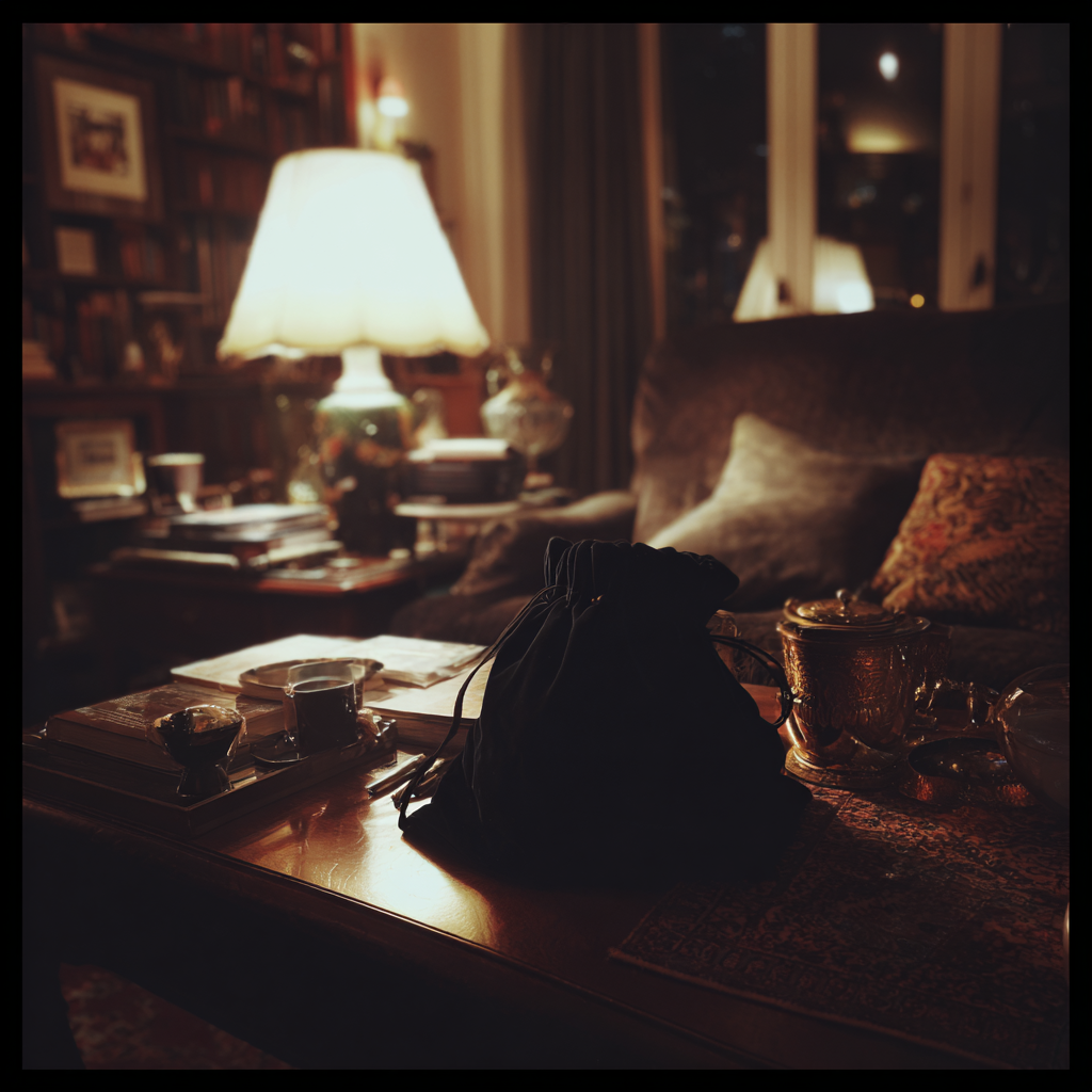 Una bolsa de terciopelo negro sobre una mesa de café | Fuente: Midjourney