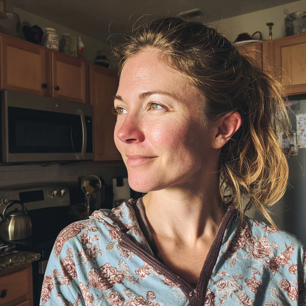 Una mujer sonriente de pie en una cocina | Fuente: Midjourney