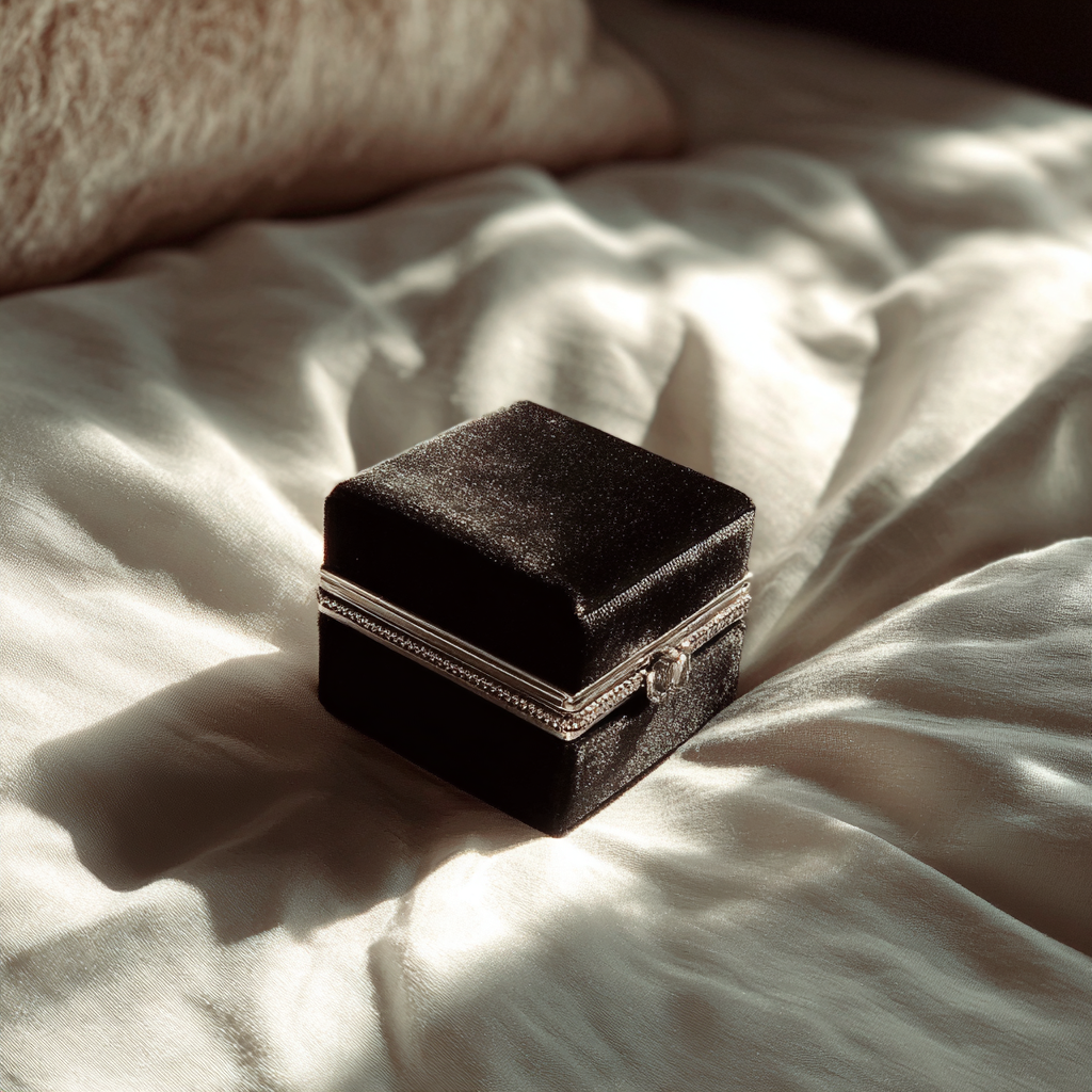 Una caja de terciopelo negro sobre una cama | Fuente: Midjourney