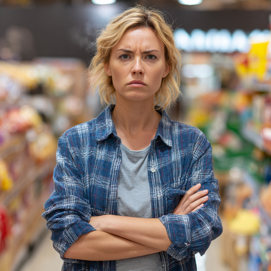 Una mujer con el ceño fruncido en una tienda de comestibles | Fuente: Midjourney