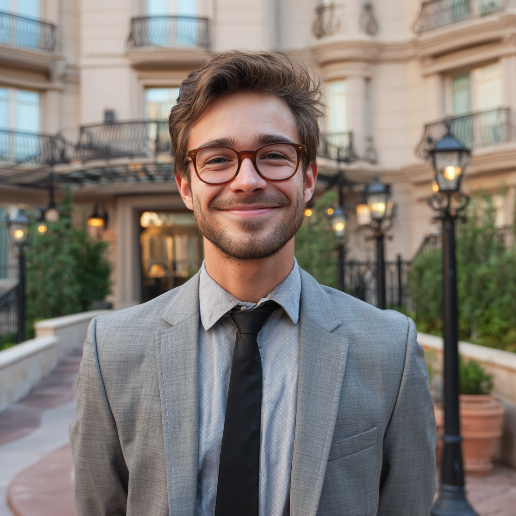Un joven sonriente vestido con un traje gris | Fuente: Midjourney