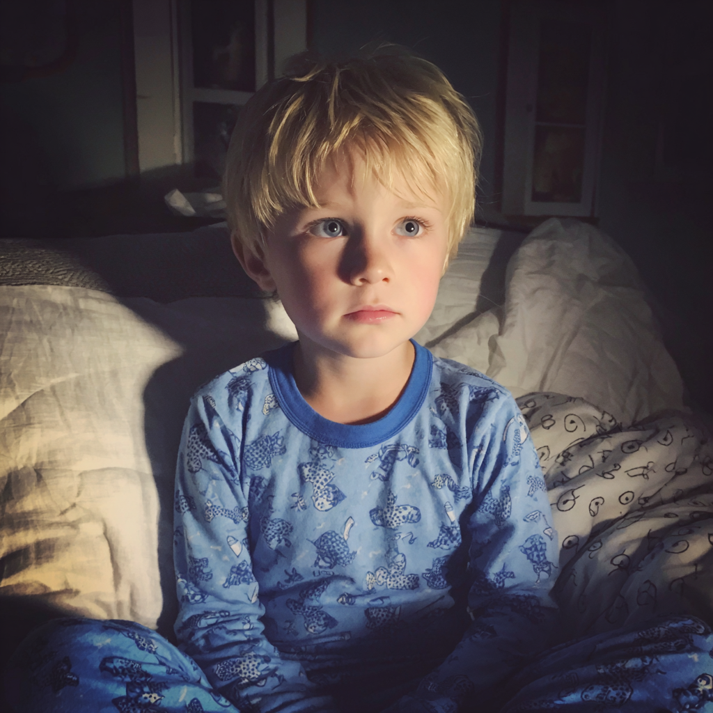 Un niño con un pijama azul | Fuente: Midjourney