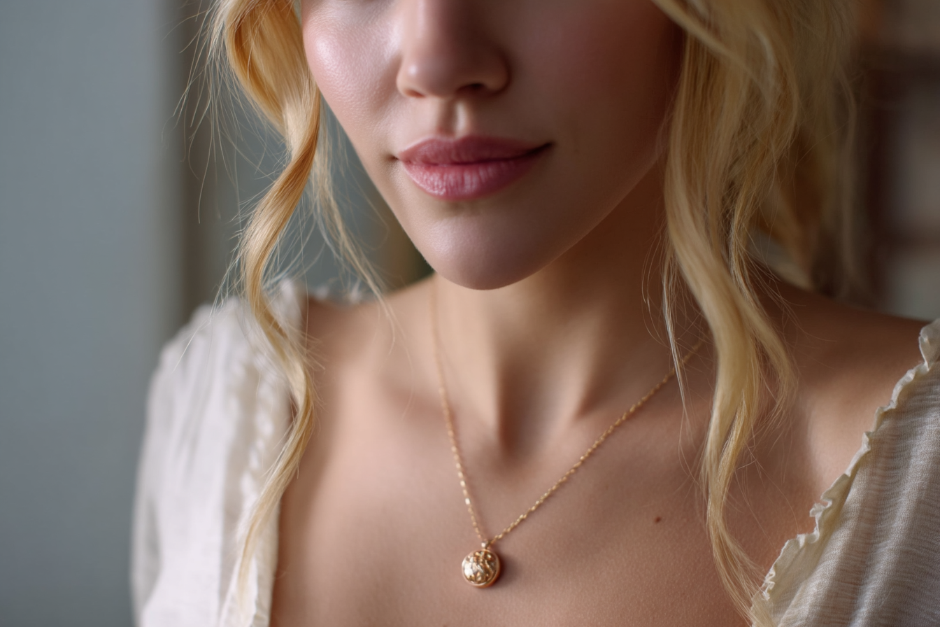 Primer plano de una mujer con un medallón de oro | Fuente: Midjourney