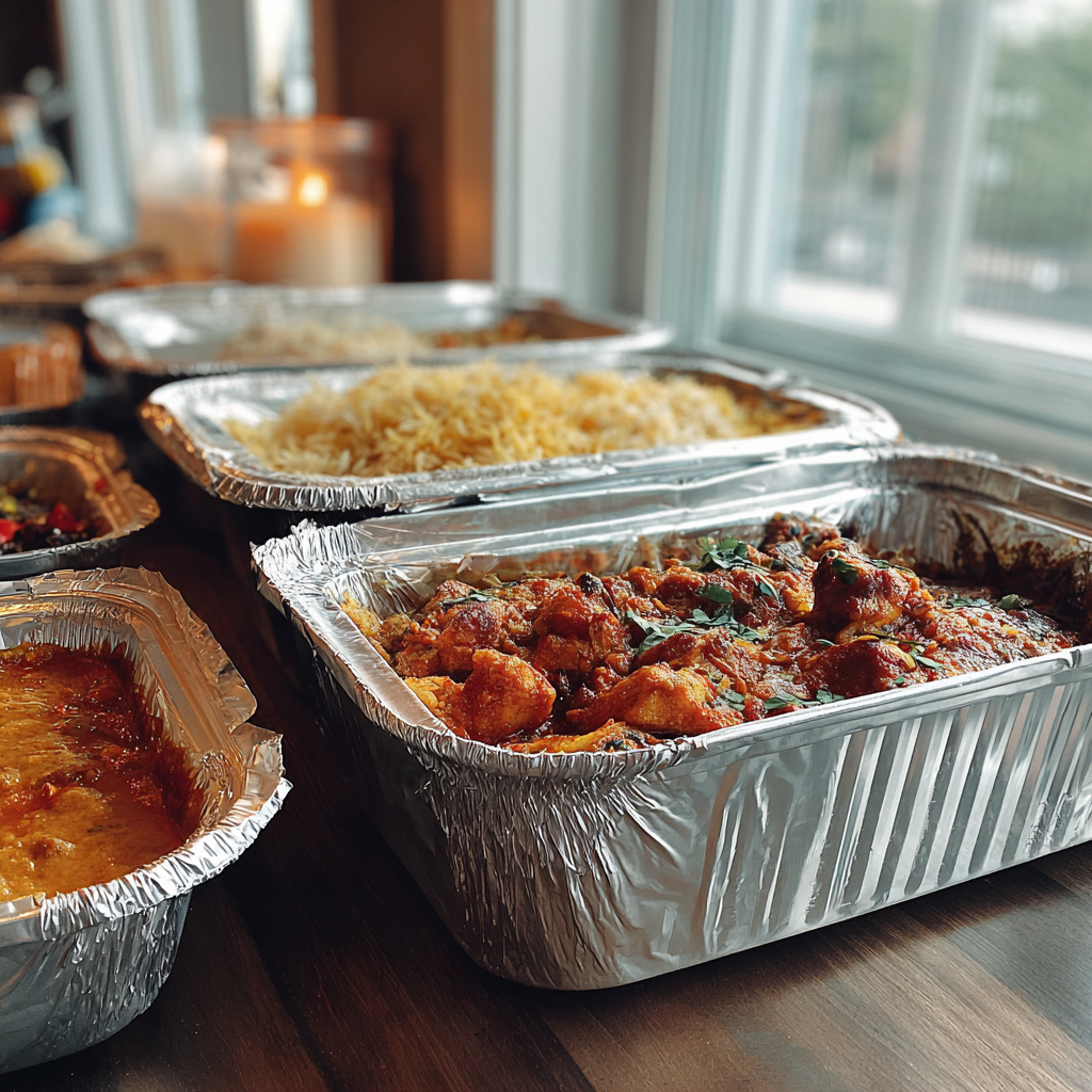 Recipientes plateados de comida para llevar sobre un mostrador | Fuente: Midjourney