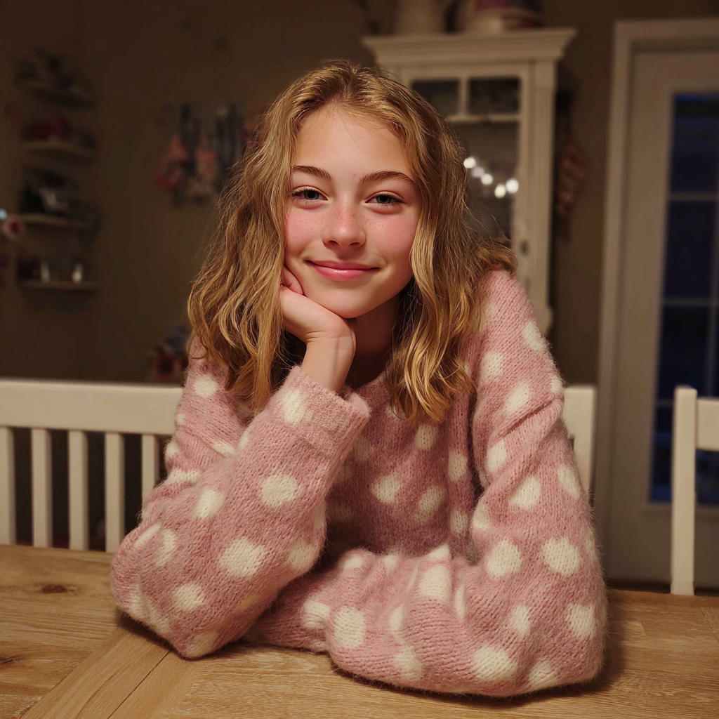 Una adolescente sonriente sentada a una mesa | Fuente: Midjourney