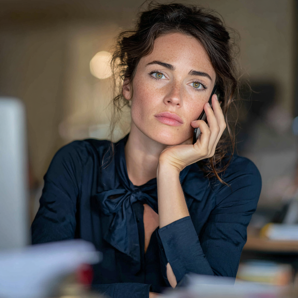 Una mujer sentada en su escritorio y hablando por teléfono | Fuente: Midjourney