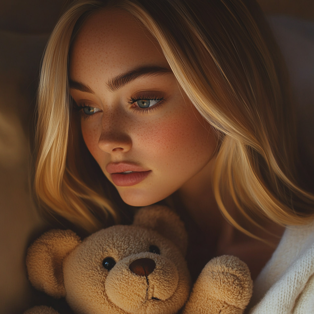 Una mujer triste con un oso de peluche en la mano | Fuente: Midjourney