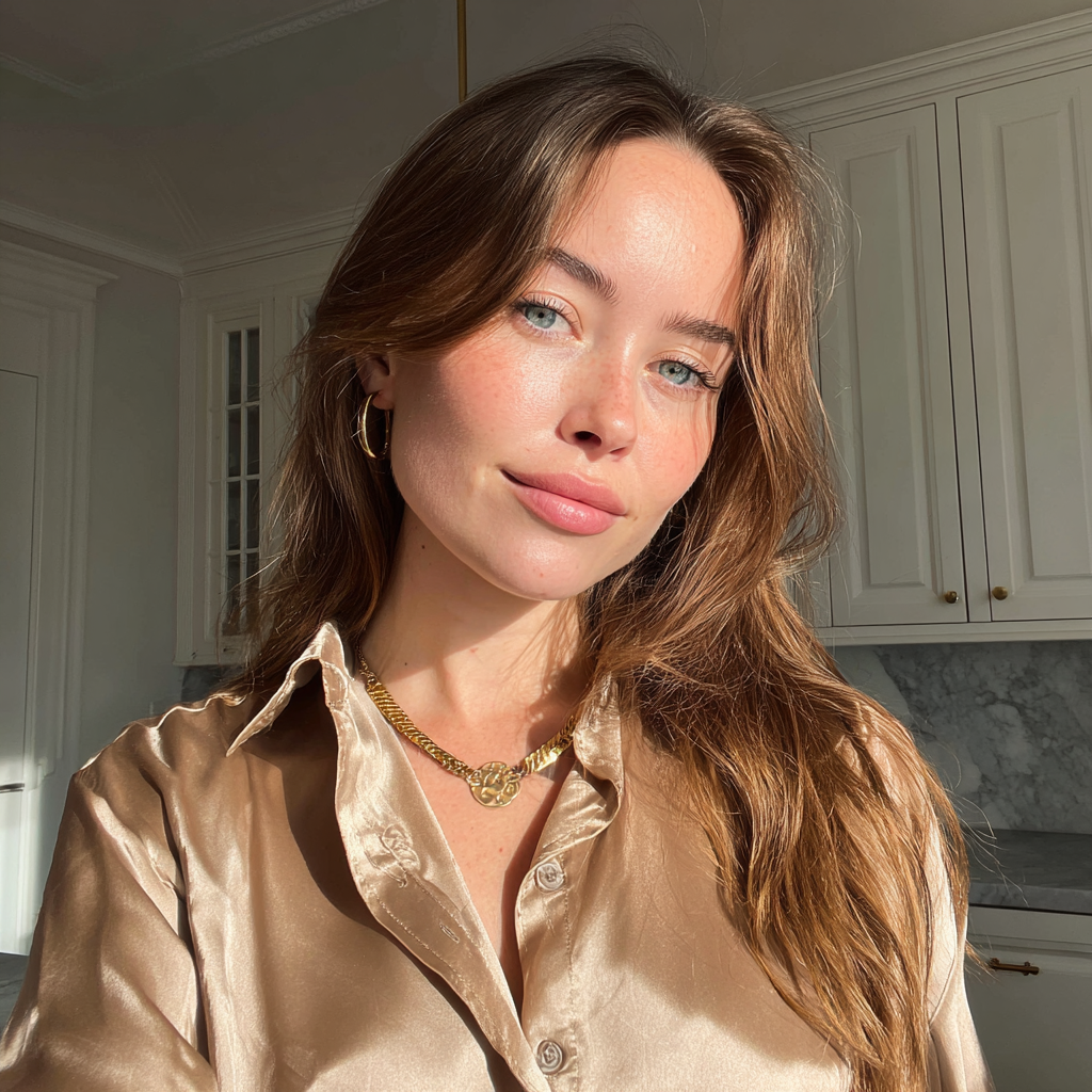 Primer plano de una mujer con una blusa de seda | Fuente: Midjourney