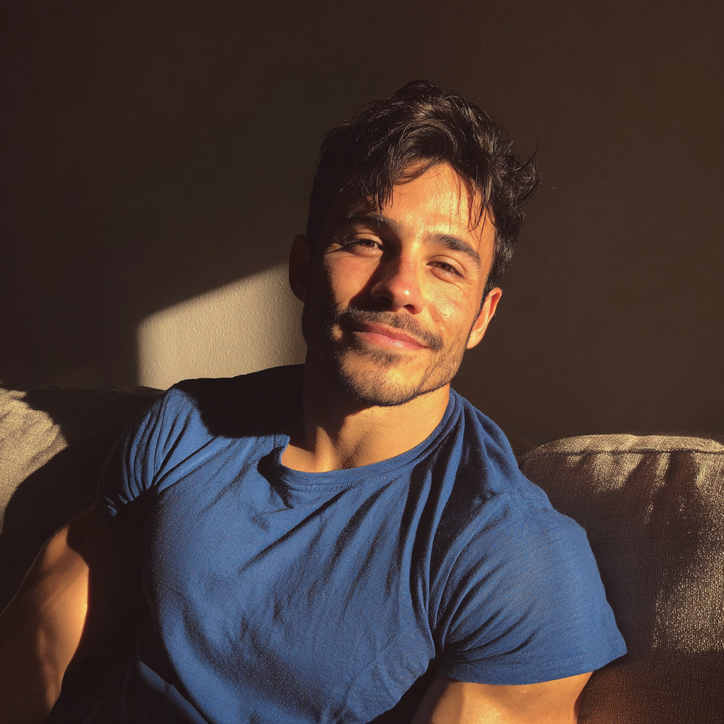 Un hombre sonriente sentado en un sofá | Fuente: Midjourney