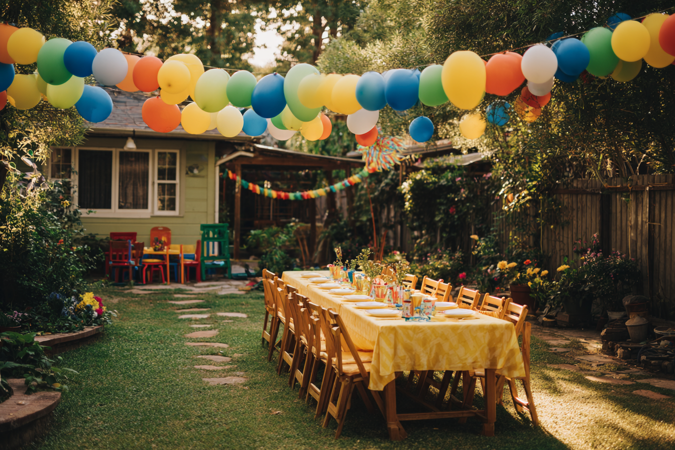 Decoración de cumpleaños en un patio trasero | Fuente: Midjourney