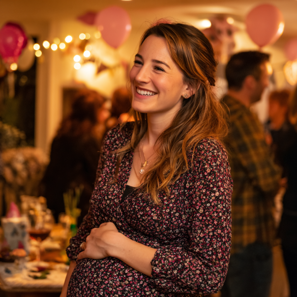 Una mujer embarazada parece feliz en una fiesta | Fuente: Midjourney