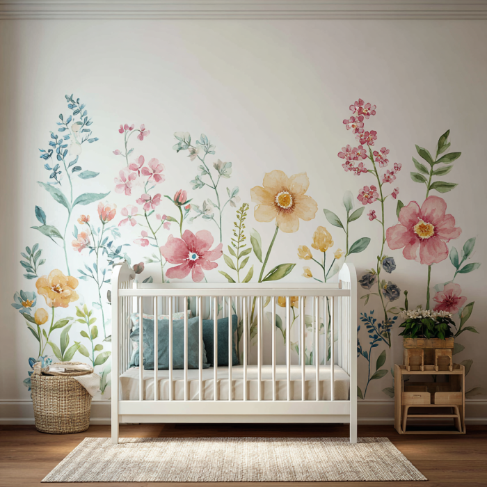 Una habitación de bebé con flores de acuarela pintadas en la pared | Fuente: Midjourney