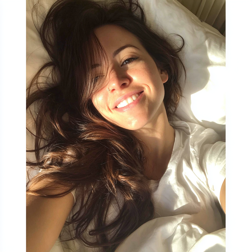 Una mujer sonriente tumbada en su cama | Fuente: Midjourney