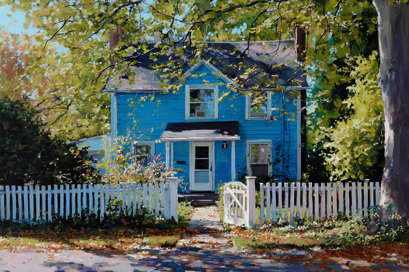 Una casa azul | Fuente: Midjourney