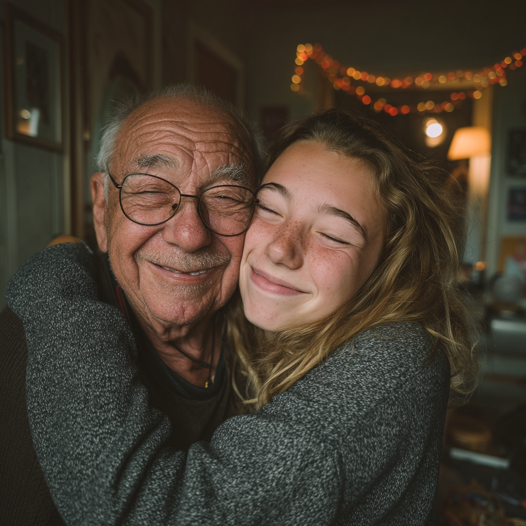 Un hombre feliz abrazando a su nieta | Fuente: Midjourney