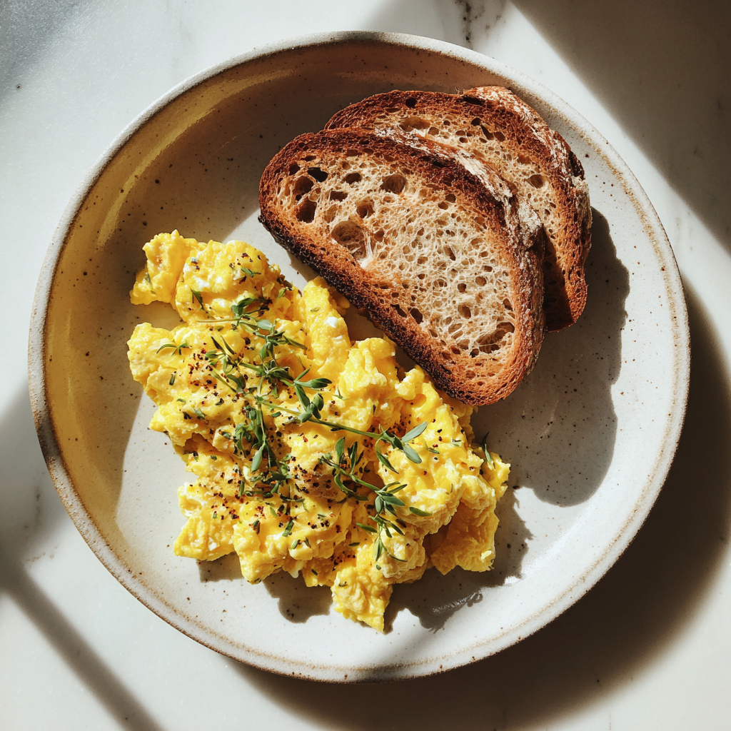 Un plato de huevos revueltos y tostadas | Fuente: Midjourney