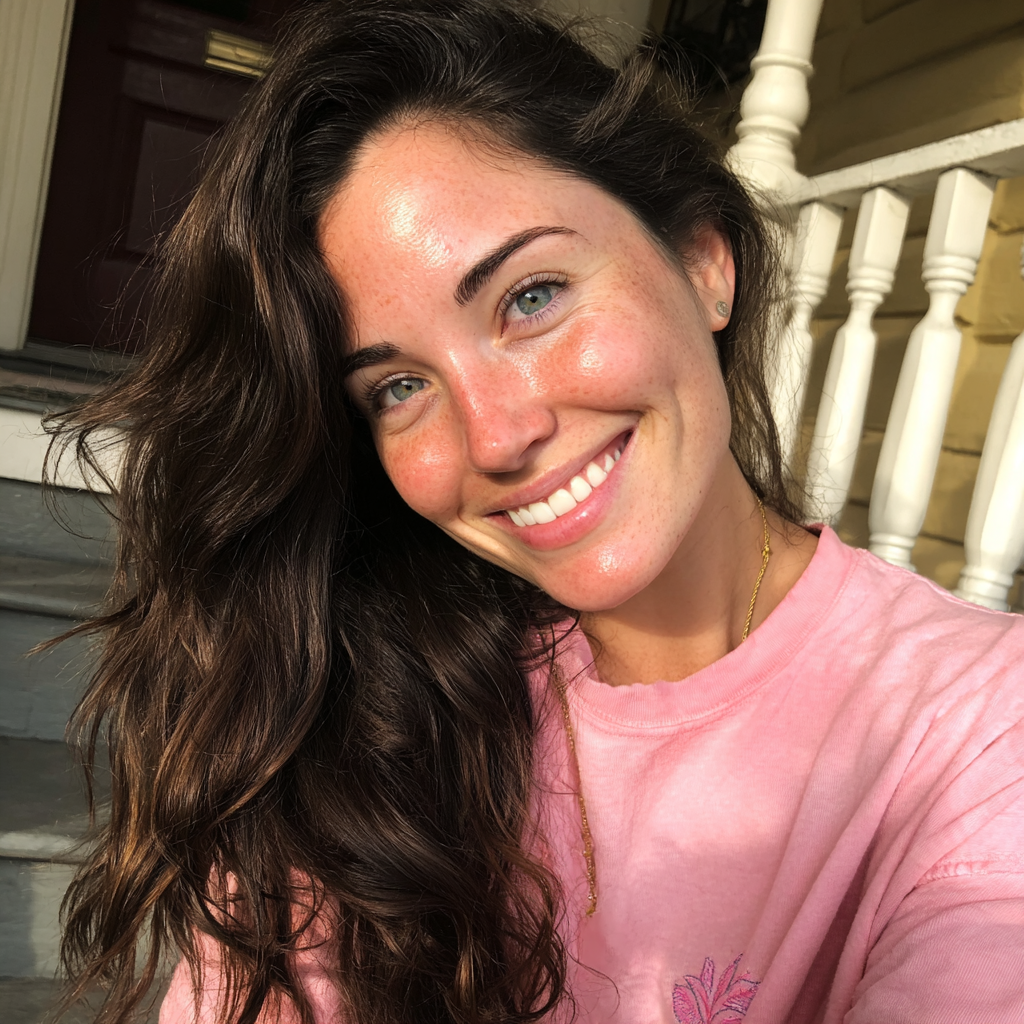 Una mujer sonriente sentada en un porche | Fuente: Midjourney