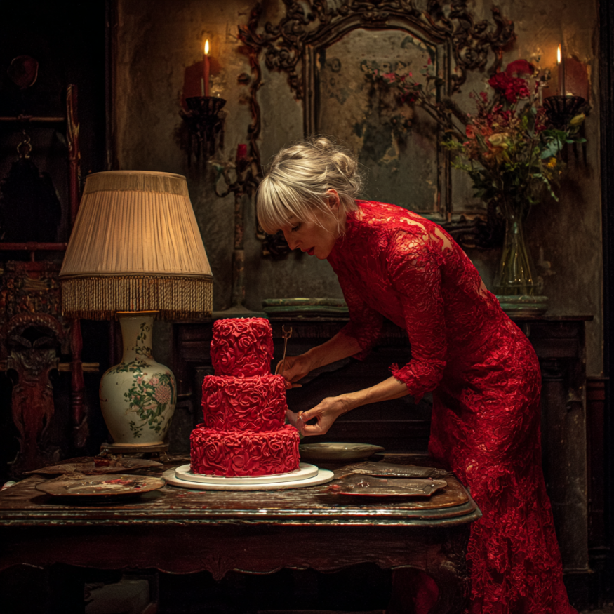 Una mujer delante de un pastel | Fuente: Midjourney