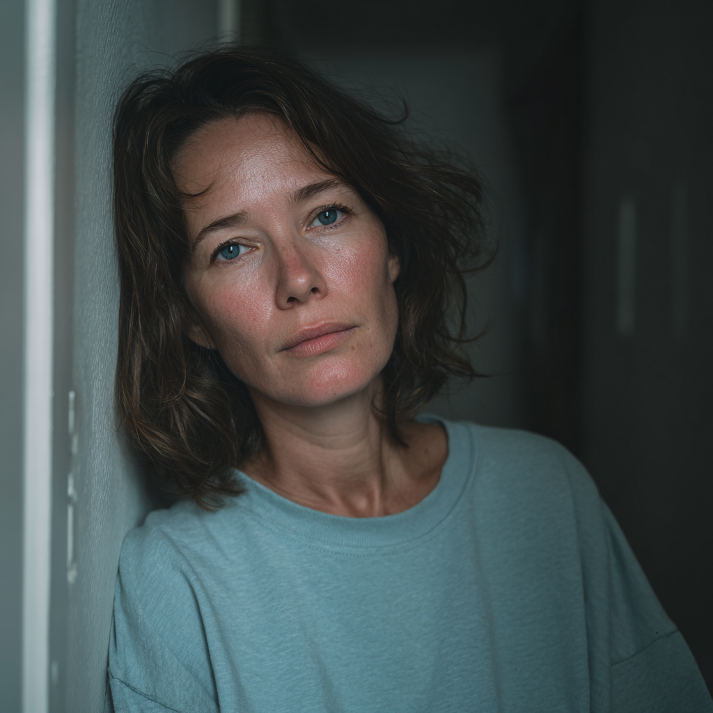 Una mujer apoyada en una pared | Fuente: Midjourney