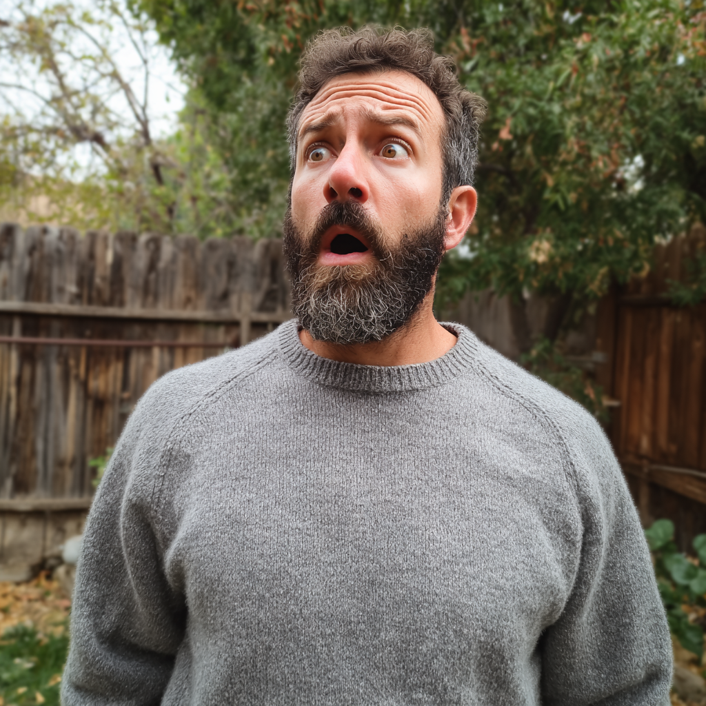 Un hombre conmocionado de pie en un patio trasero | Fuente: Midjourney