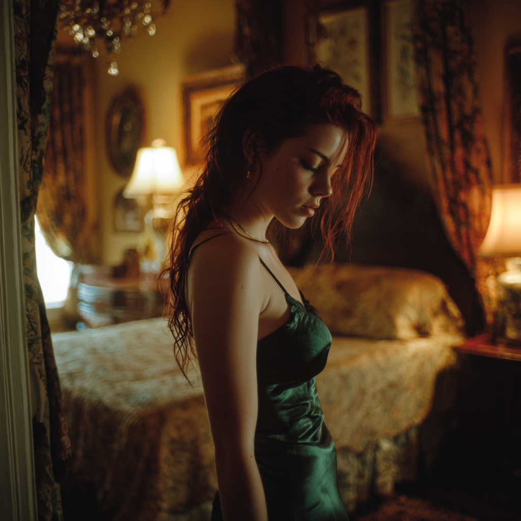 Una mujer con un vestido de seda verde | Fuente: Midjourney