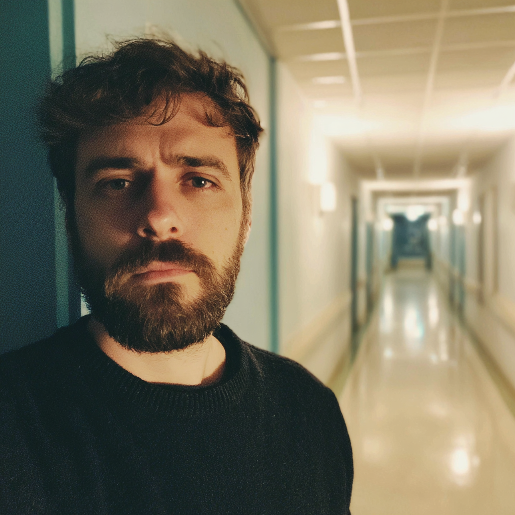 Un hombre nervioso en el pasillo de un hospital | Fuente: Midjourney