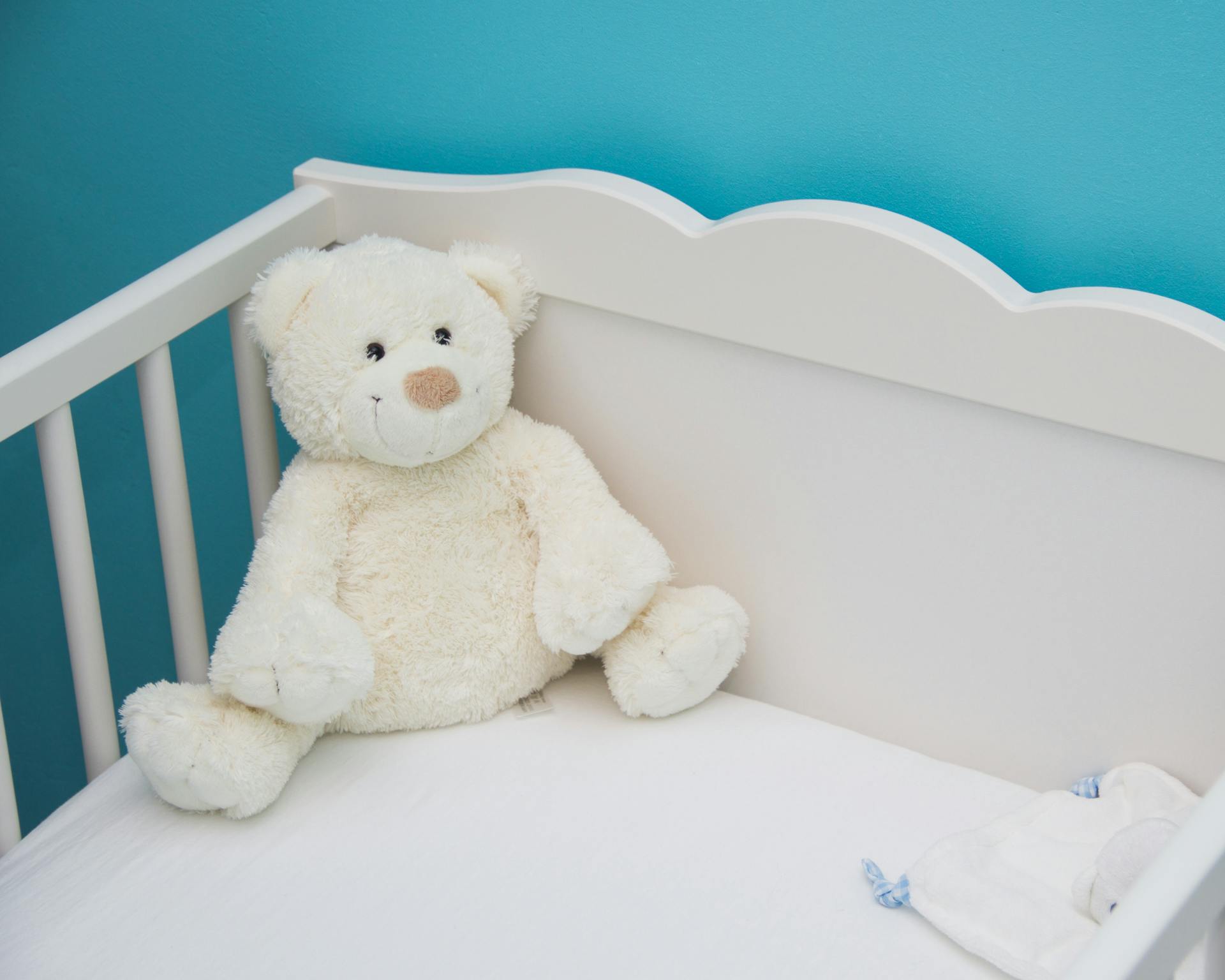 Un oso de peluche tumbado en la cuna de un bebé | Fuente: Pexels