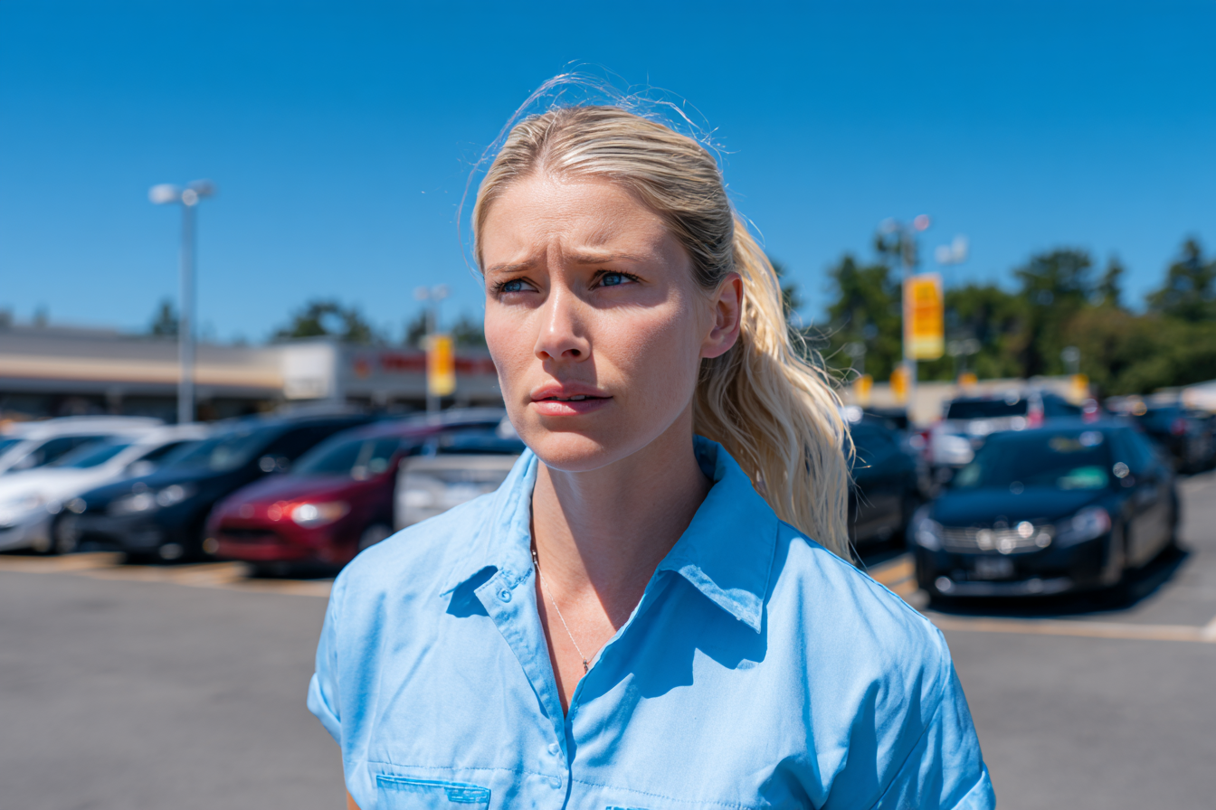 Una mujer de aspecto preocupado en un estacionamiento | Fuente: Midjourney
