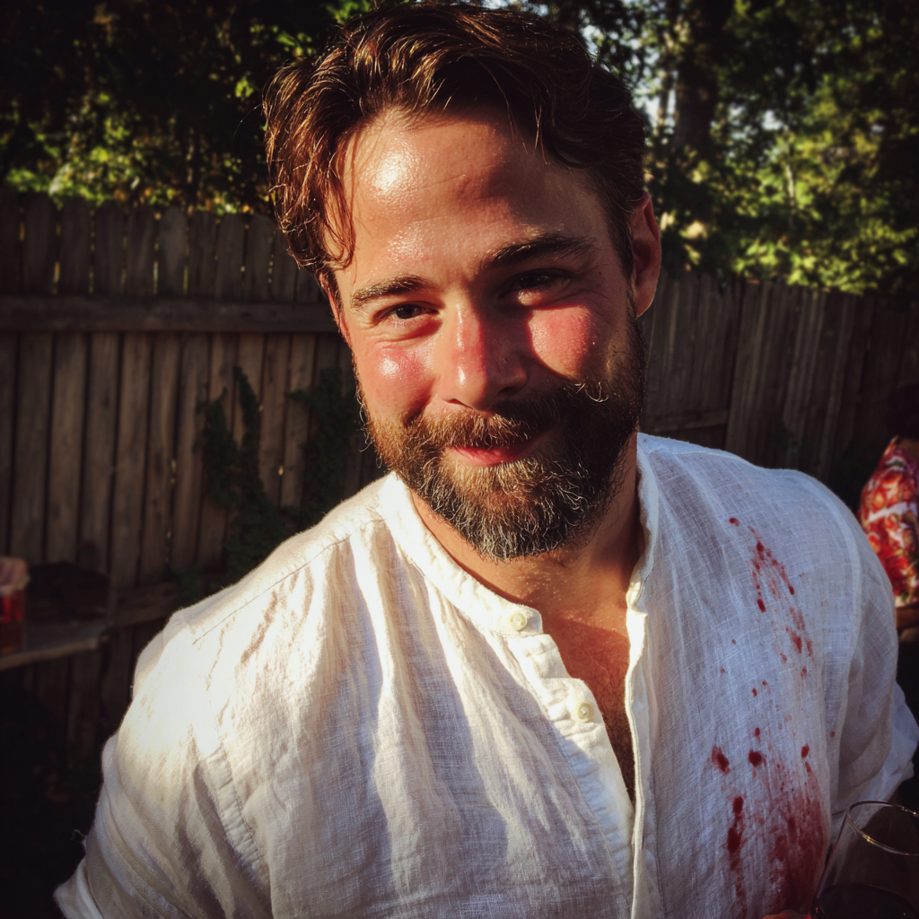 Un hombre sonriente con vino en la camisa | Fuente: Midjourney