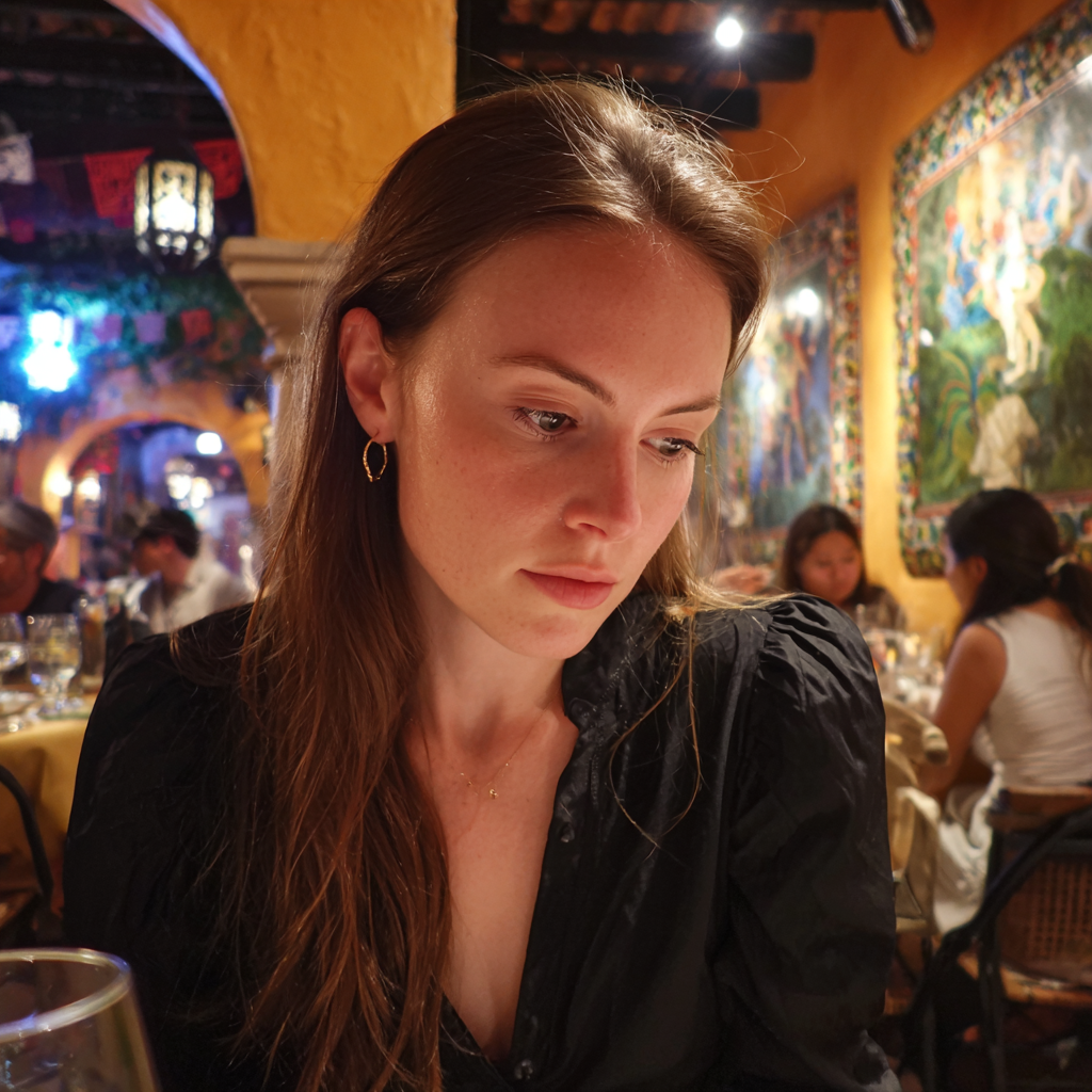 Una mujer sentada en una mesa y mirando hacia abajo | Fuente: Midjourney