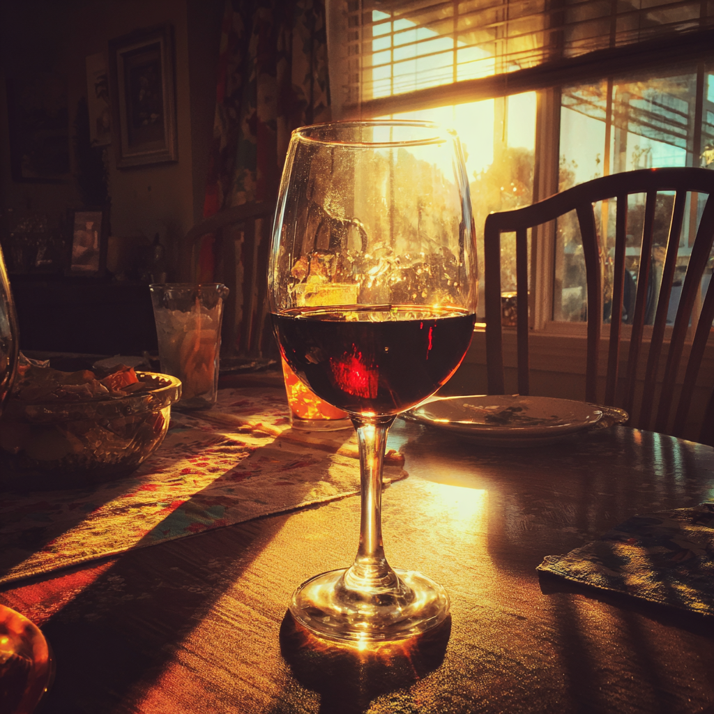 Un vaso de vino tinto sobre una mesa | Fuente: Midjourney