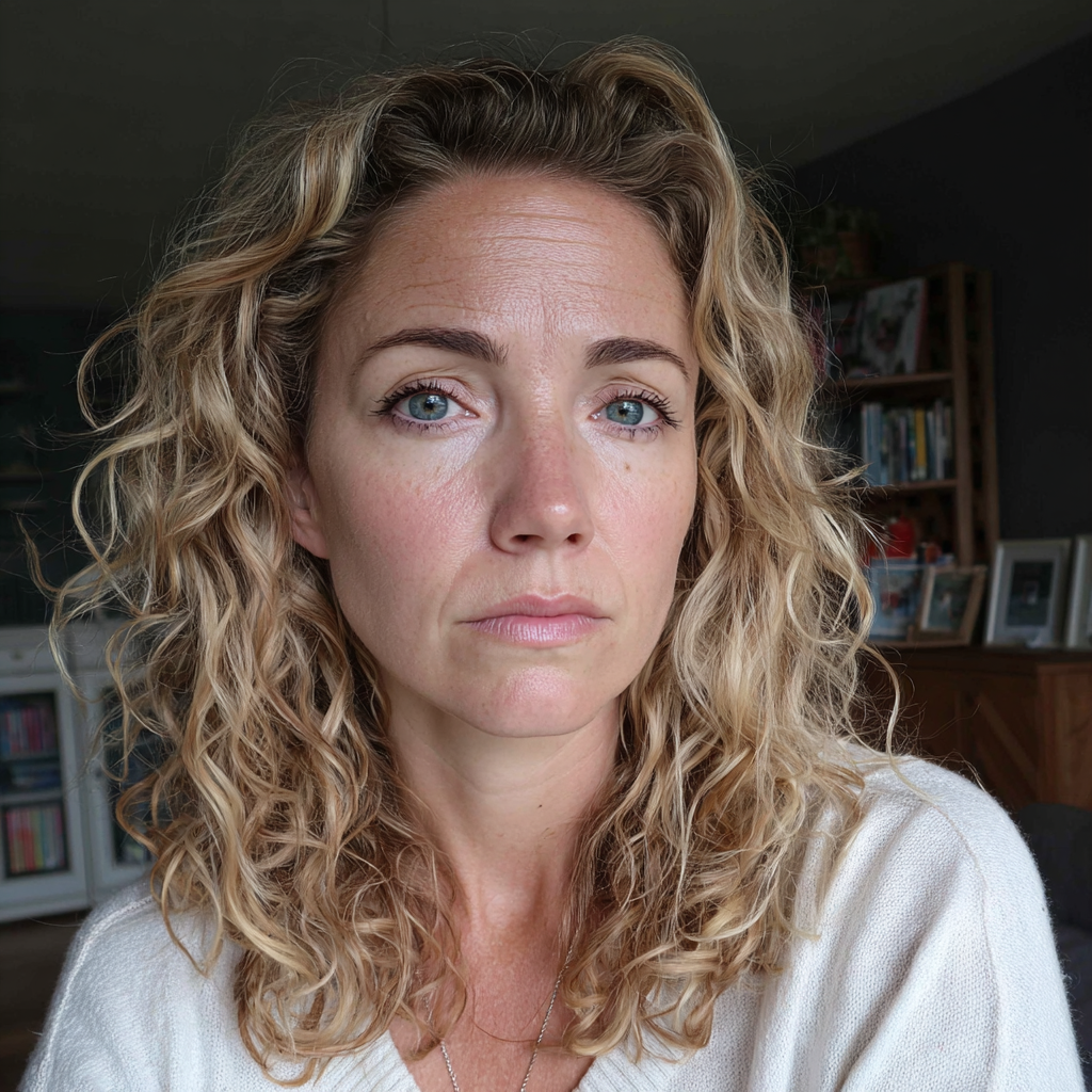 Una mujer pensativa de pie en un salón | Fuente: Midjourney