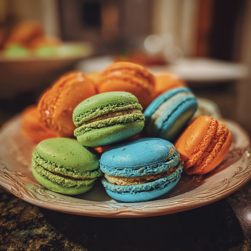 Una bandeja de macarons de colores | Fuente: Midjourney