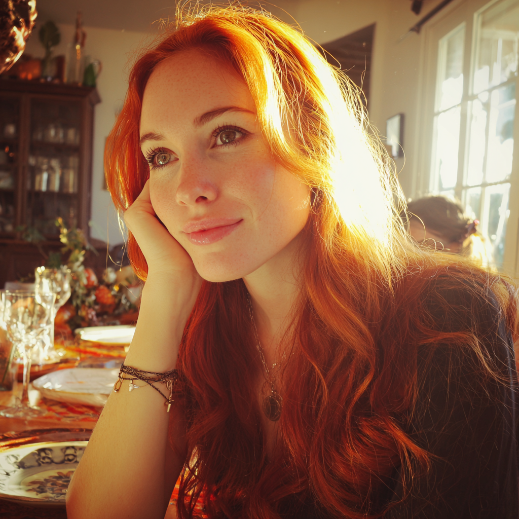 Una mujer divertida sentada a una mesa | Fuente: Midjourney