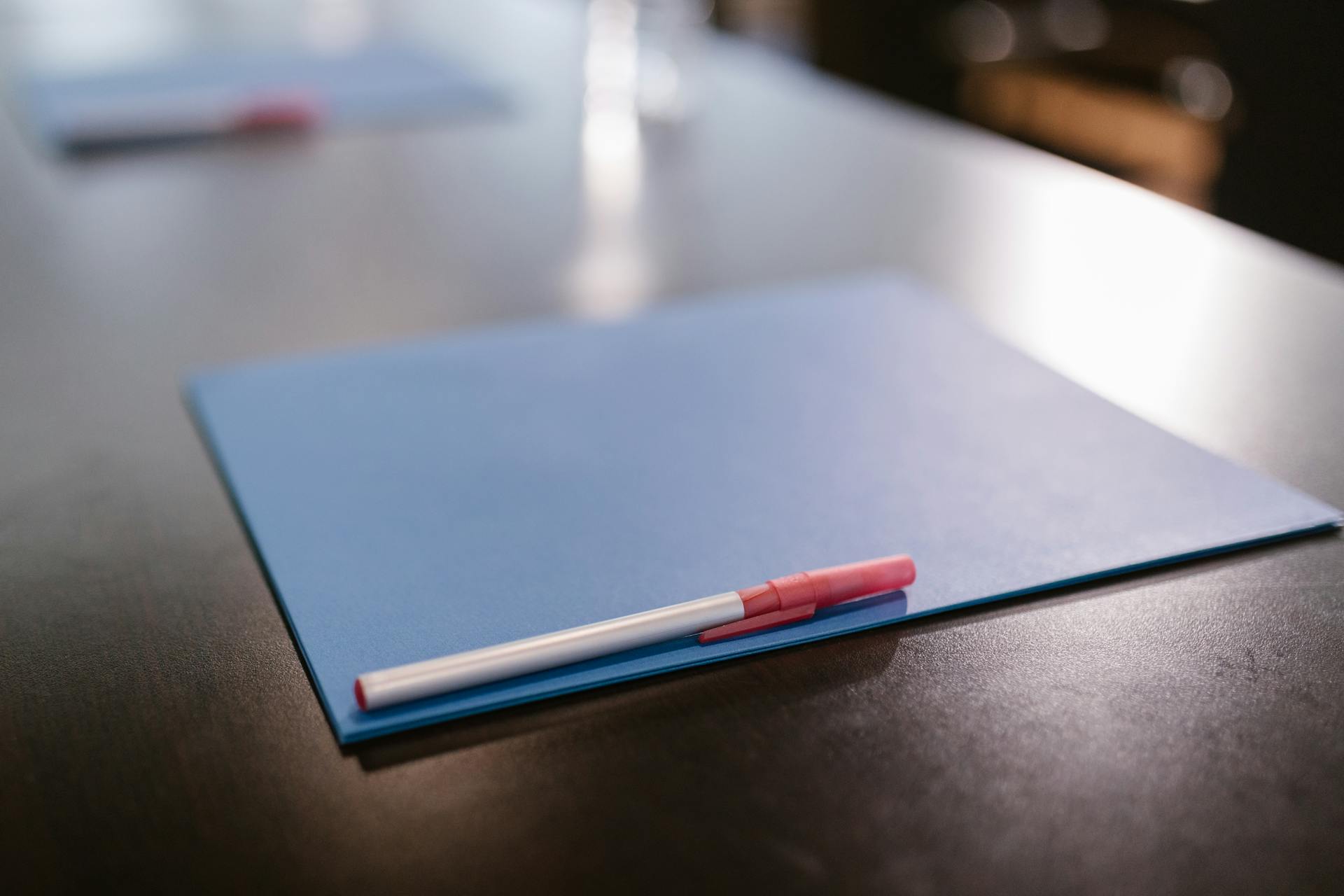 Una carpeta azul y un bolígrafo sobre la mesa | Fuente: Pexels