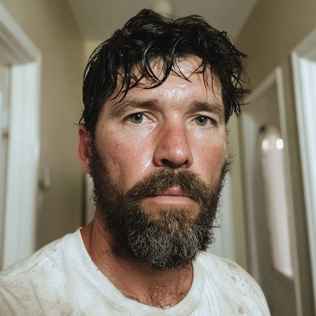 Un hombre sudoroso con una camiseta blanca | Fuente: Midjourney