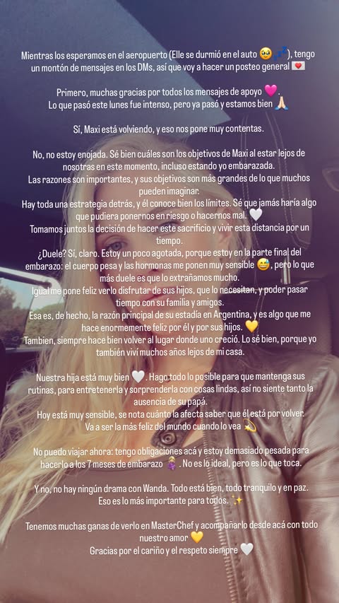 Comunicado de Daniela Christiansson sobre Maxi López y su participación en "MasterChef Celebrity". | Fuente: Instagram Stories/danielachristiansson