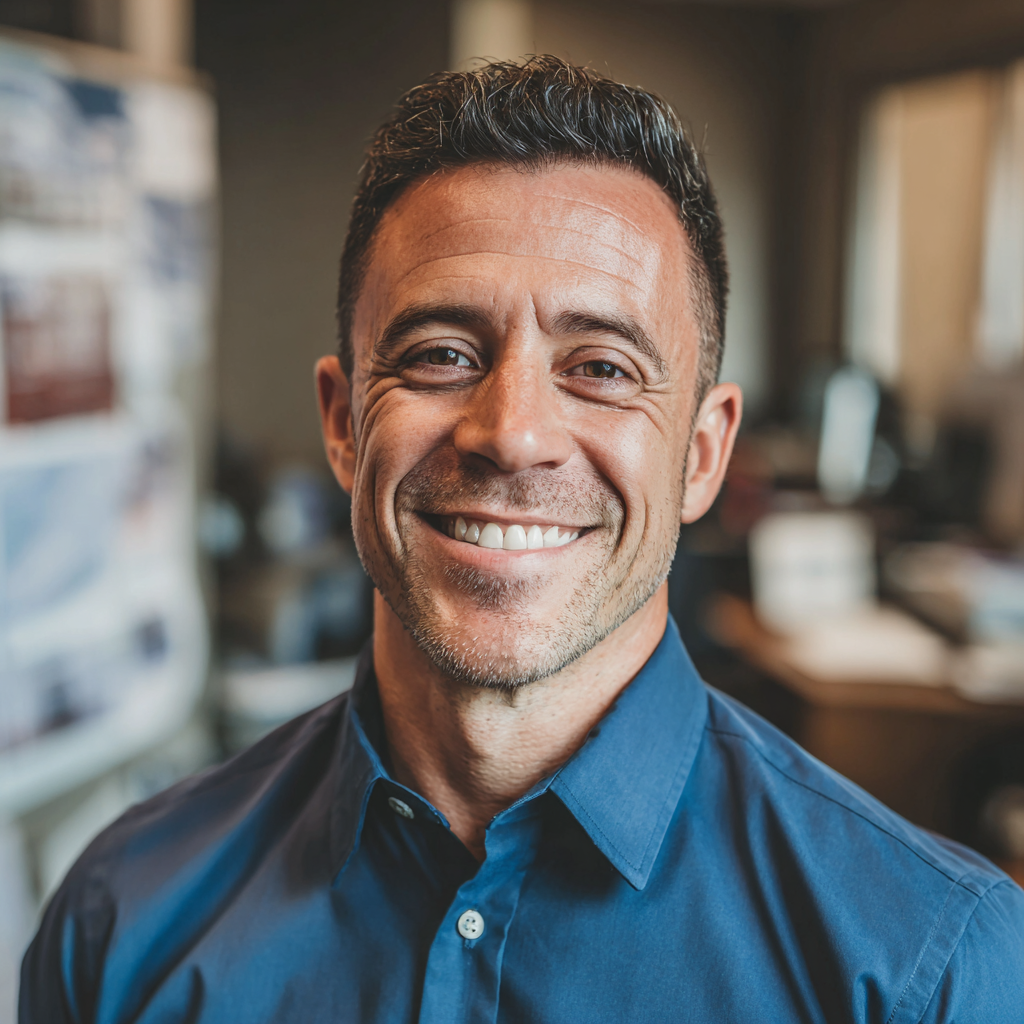 Un hombre sonriente con una camisa azul de etiqueta | Fuente: Midjourney